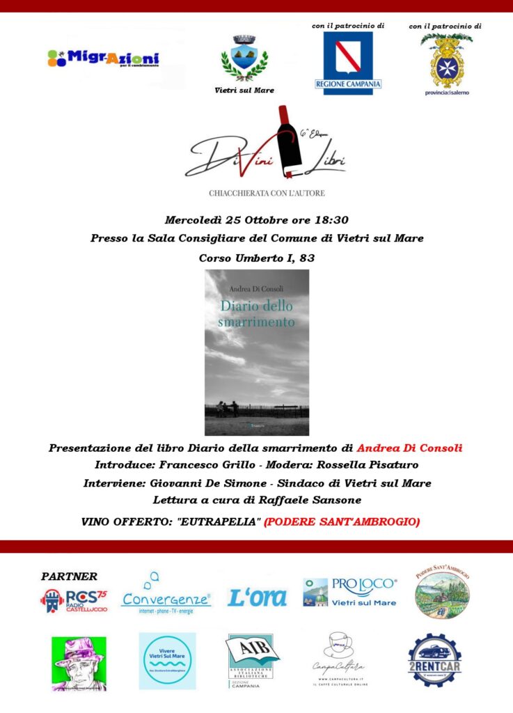 Start previsto mercoledì 25 ottobre alle ore 18:30 presso la Sala Consiliare di Vietri sul Mare con il “Diario dello smarrimento”